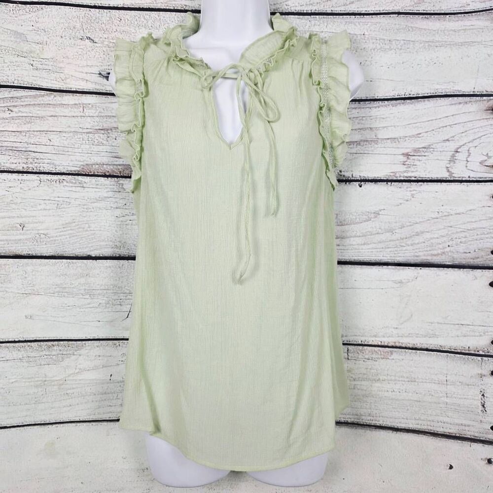 Mine Sage Green Ruffle Tie Neck Sleeveless Blouse Size M